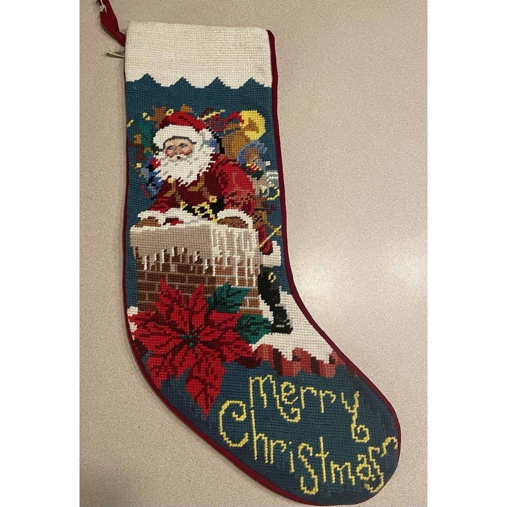 Vtg. Midwest Imports Needlepoint Merry Christmas Santa Stocking Thomas L. Cathey